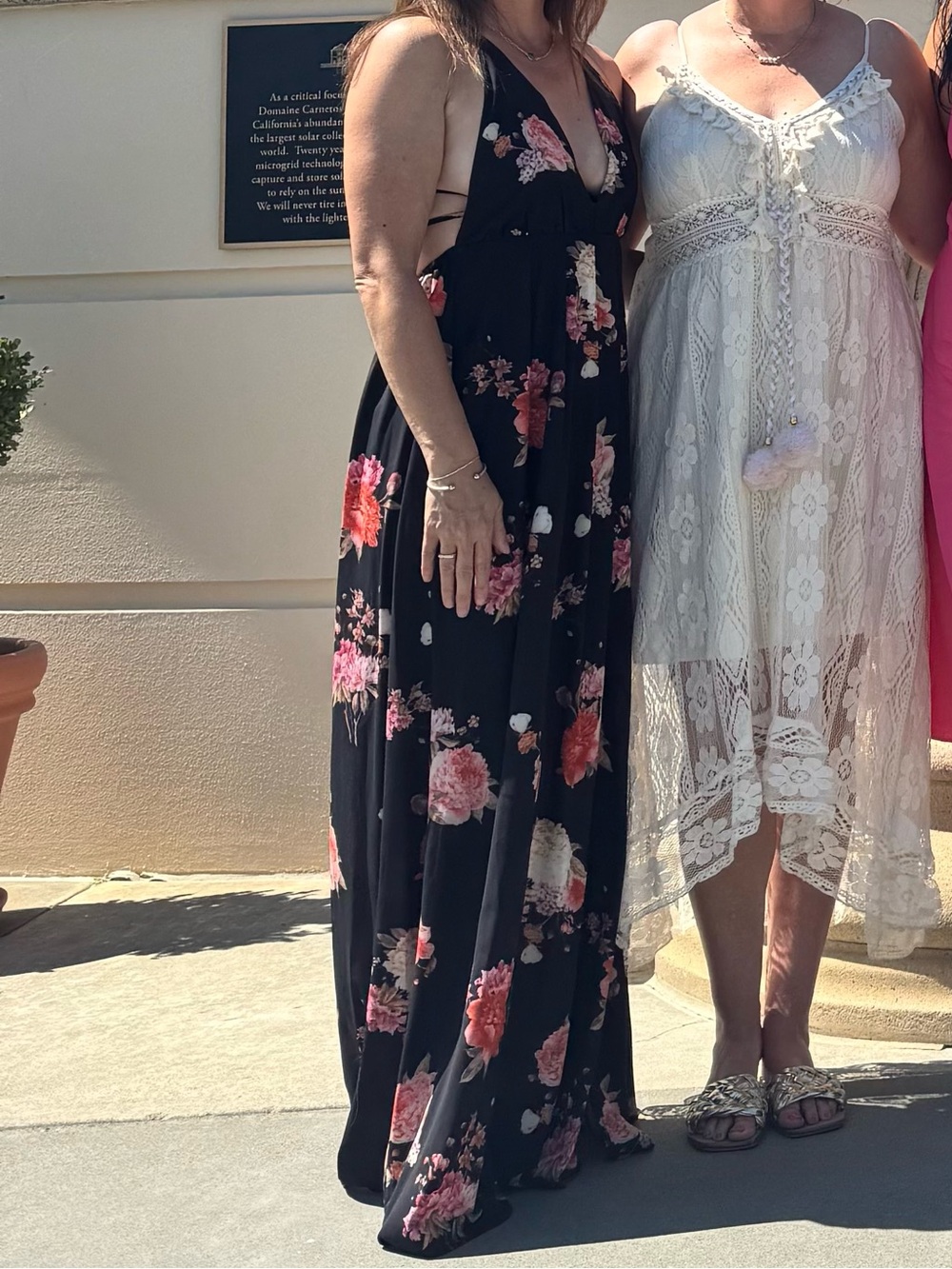 L'ATISTE Black Floral Backless Maxi Dress with Pink and Coral Blooms